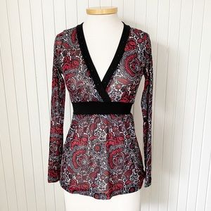 Karen Kane Red White Black Paisley Long Sleeve Blouse Top Shirt Large